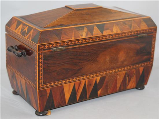 An early 19th century Tunbridgeware rosewood sarcophagus shape tea caddy, 12in.